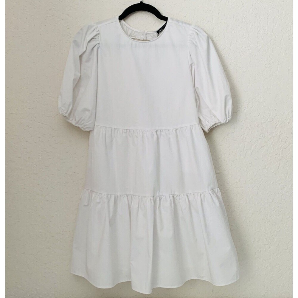NWT Zara Dress XS White Poplin Tiered Puff Sleeve Open Back Preppy Cottagecore